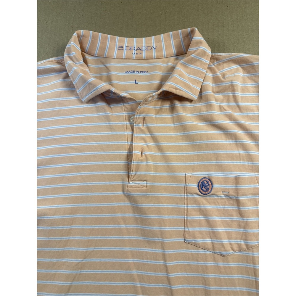 B Draddy Golf Polo Shirt w/ Pocket Orange Striped Mens L - Golf Club Logo
